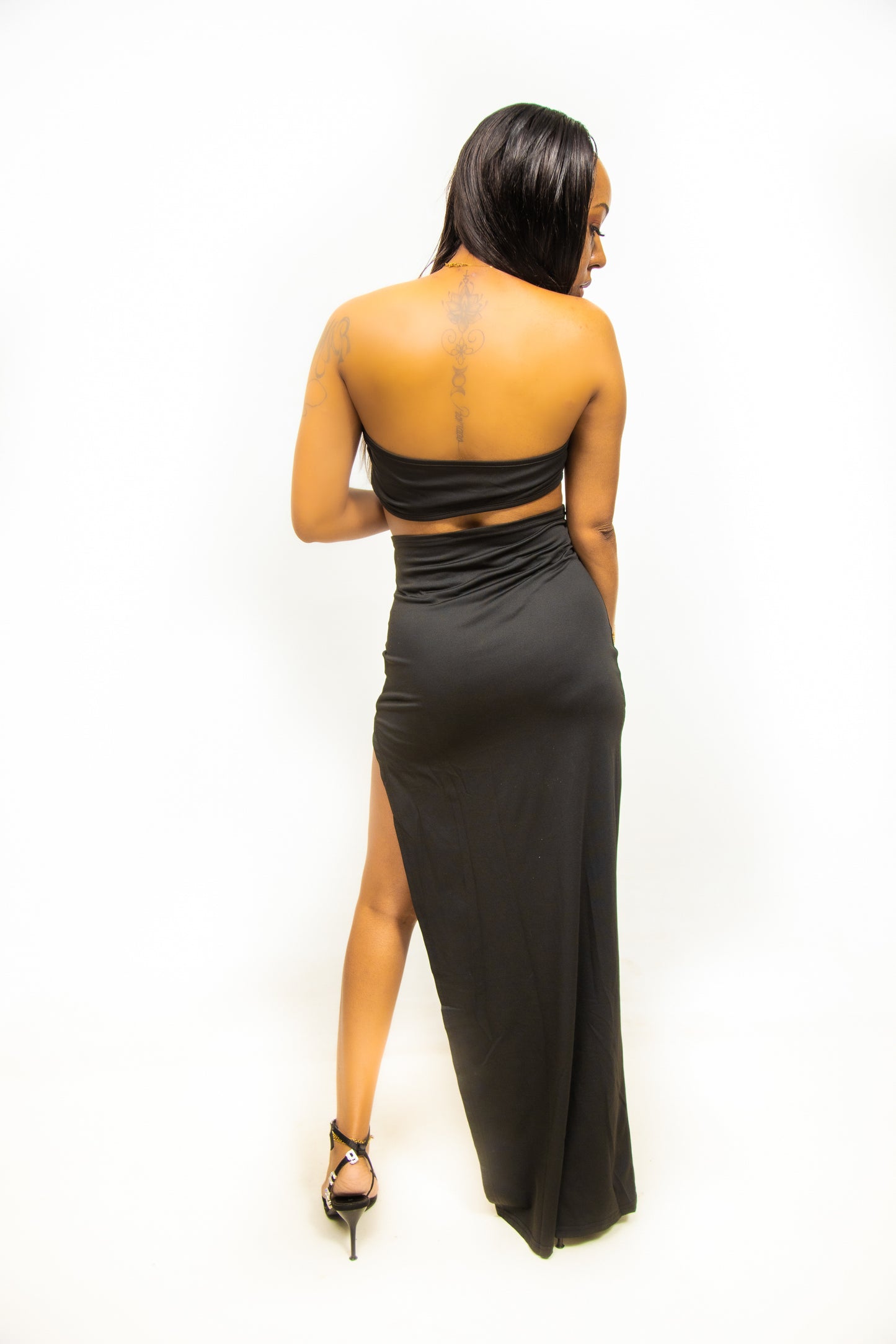 Black U-Ring Off Shoulder Crop Tube Top & Asymmetric Slit Skirt Set
