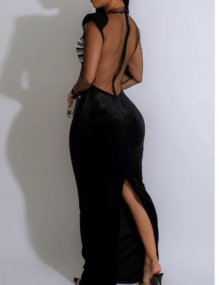 Black Rhinestone Embellished Mesh Long Sleeve Dress