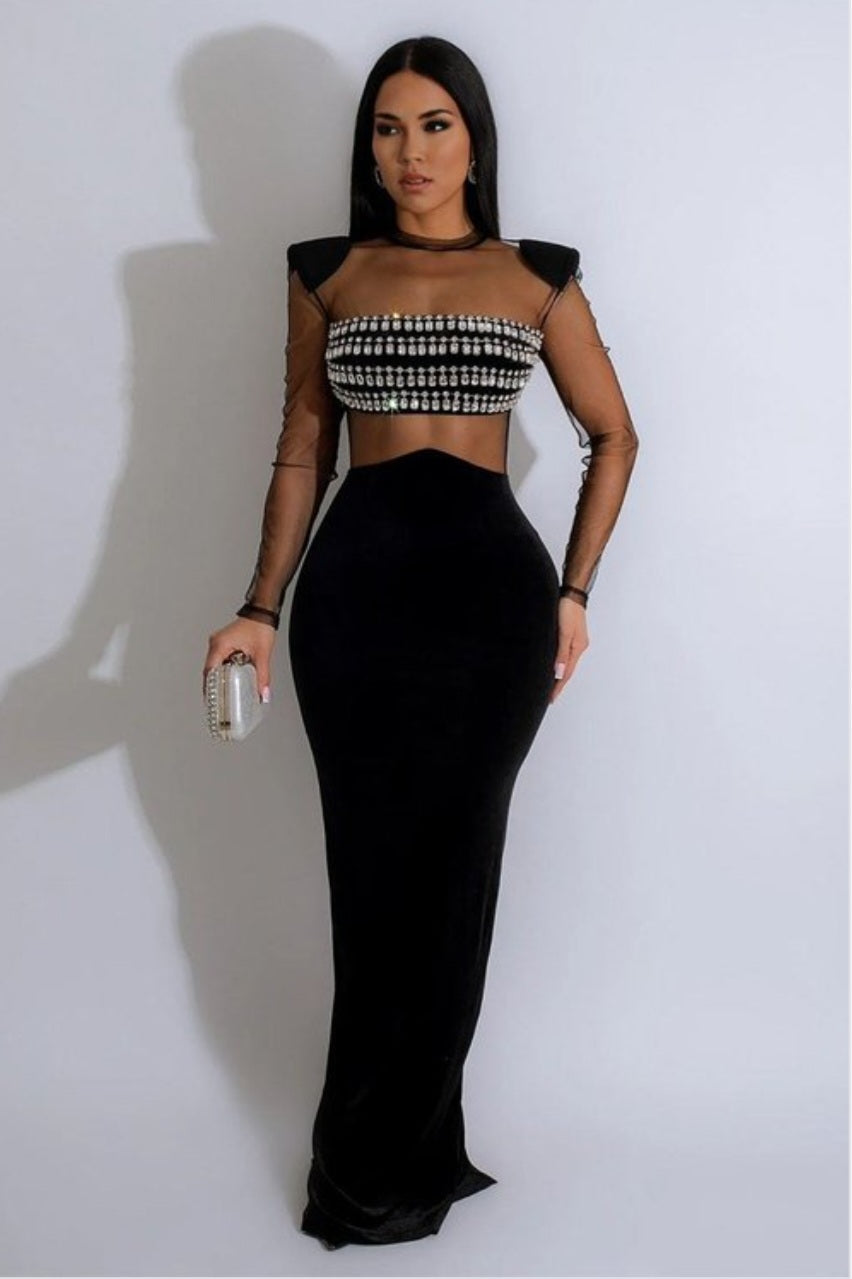 Black Rhinestone Embellished Mesh Long Sleeve Dress