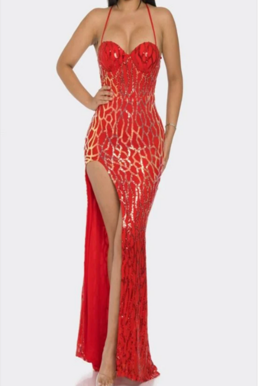 Emma's Sequin Maxi Dress in Red & Gold