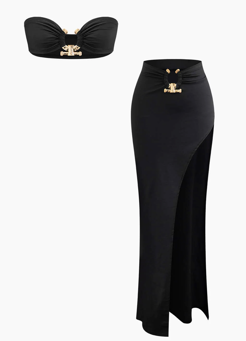 Black U-Ring Off Shoulder Crop Tube Top & Asymmetric Slit Skirt Set